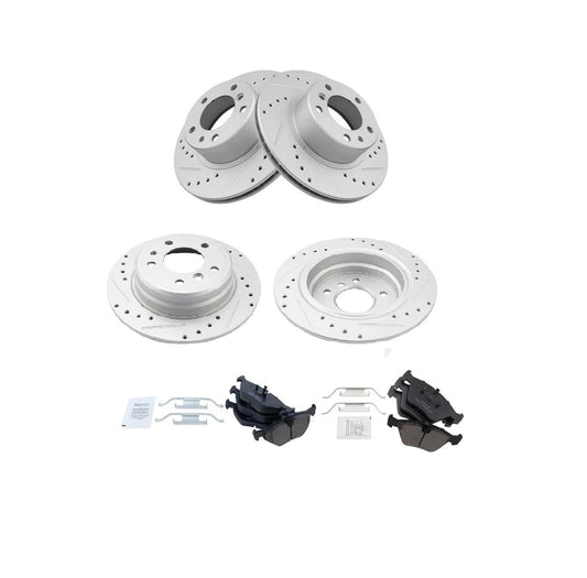 Front Rear Ceramic Brake Pads & Performance Drilled Slotted Rotor Kit