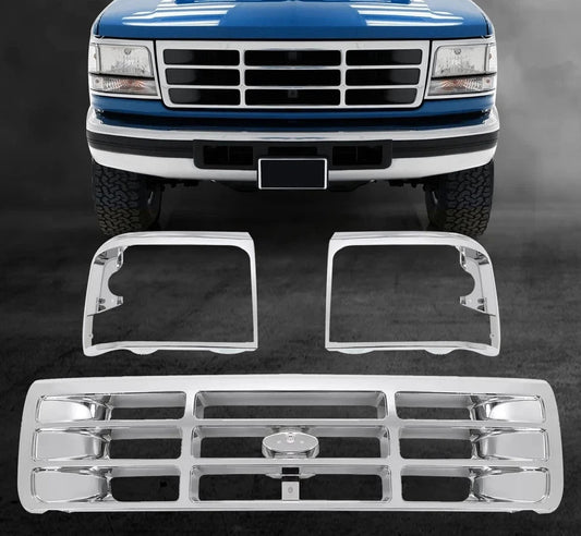HECASA For Ford F150 F250 F350 Bronco 1992-1997 Grille Headlight Door Kit Chrome