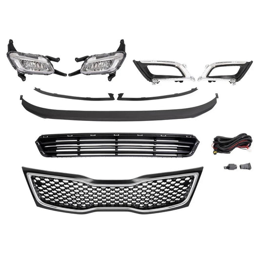 Fits Kia Optima 2014-2015 Front Bumper Upper Grille Chrome Trim w/Fog lights Set