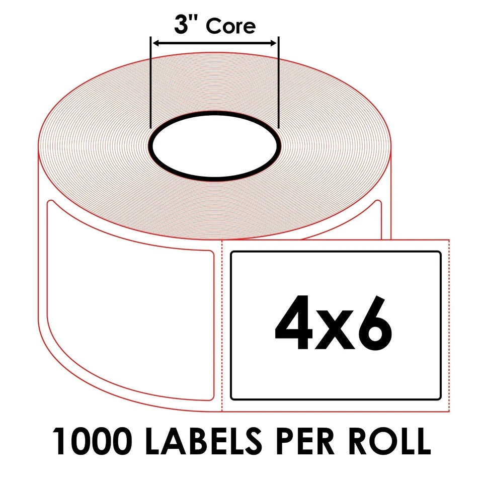 8x Roll - Heavy Duty 4x6 (4"x6") Shipping Direct Thermal Labels - 3" Core Roll