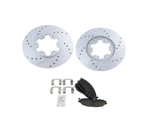 Front Ceramic Disc Brake Pad & Performance Drilled Slotted Coated Rotor Kit New