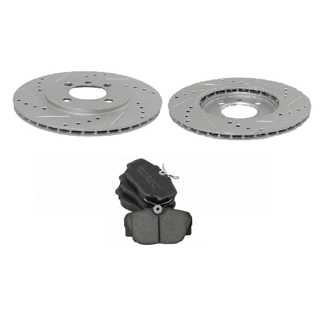 Front Ceramic Brake Pad & Performance Drilled Slotted Coated Rotor New
