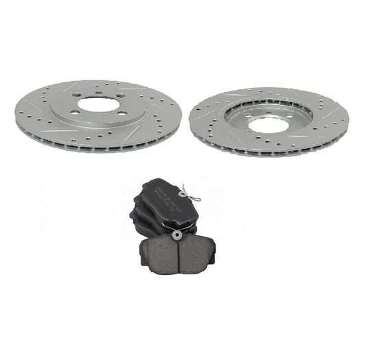 Front Ceramic Brake Pad & Performance Drilled Slotted Coated Rotor New