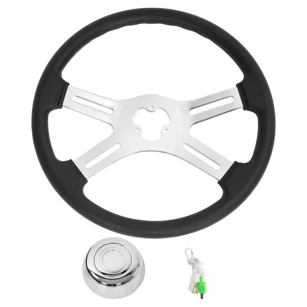 18" Black Steering Wheel 4 Chrome Spoke For Freightliner Kenworth Peterbilt Mack