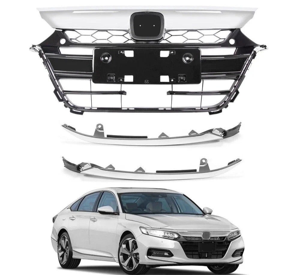 For Honda Accord 2018 2019 Front Bumper Grille Black W/Chrome+Headlight Molding