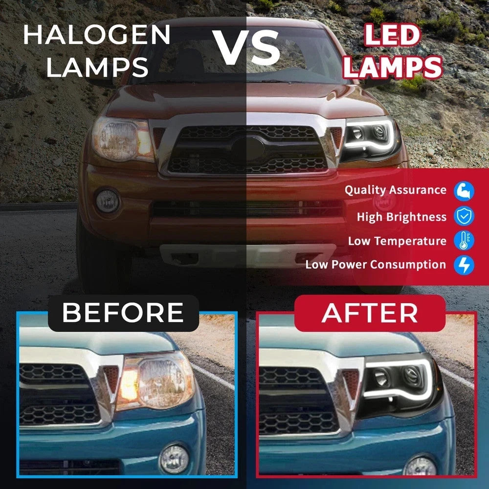 For 2005-2011 Toyota Tacoma LED Tube Black Projector Headlights Right & Left DOT