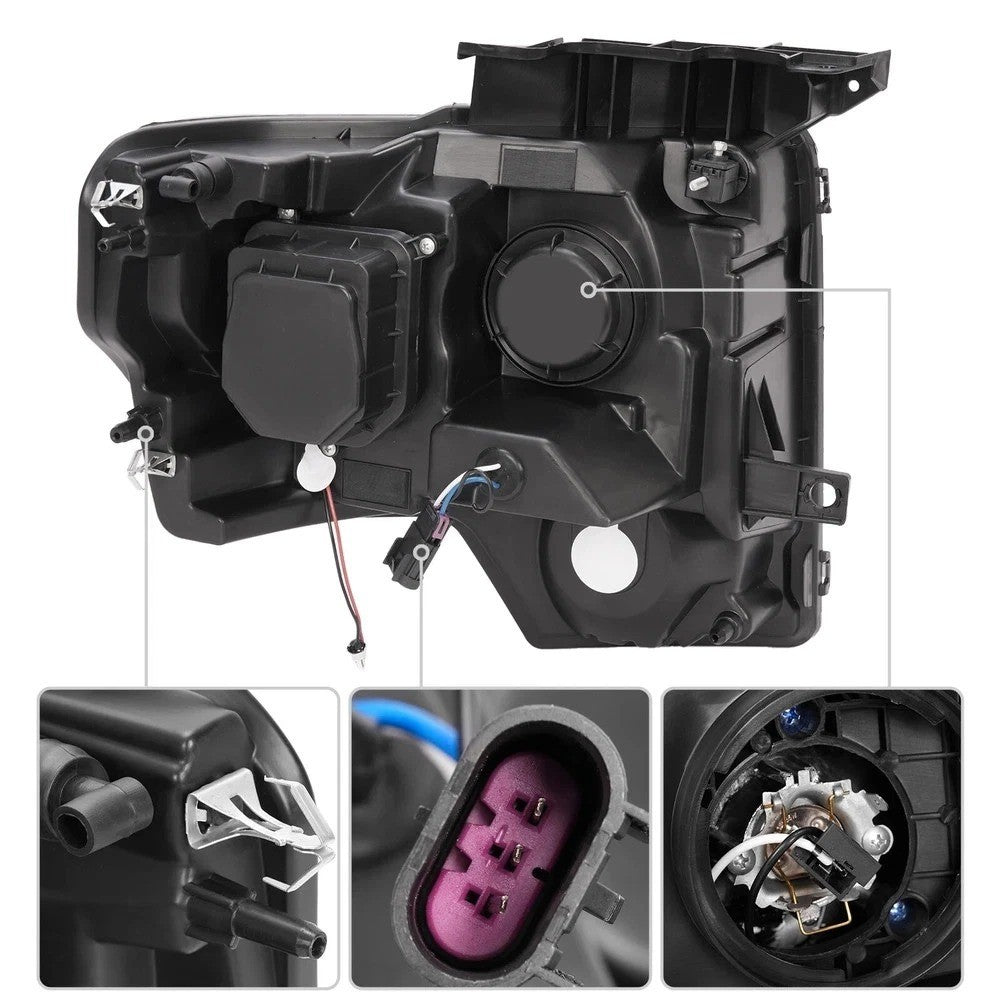 Pair Black Projector Factory Halogen Headlights W/LED DRL For Ford F150 2009-14