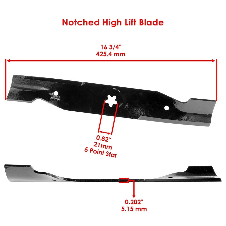 16 3/4 inch x 5 Point Star 48" Deck Notched High Lift Blade For Husqvarna Poulan