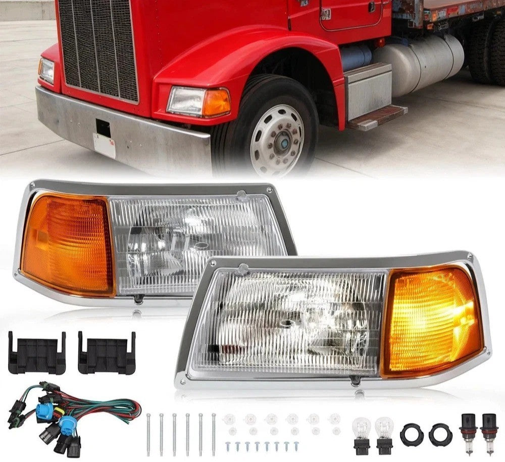 Pair Headlight w/Adjusters + Corner Light & Bezel For Peterbilt 375 385 Halogen
