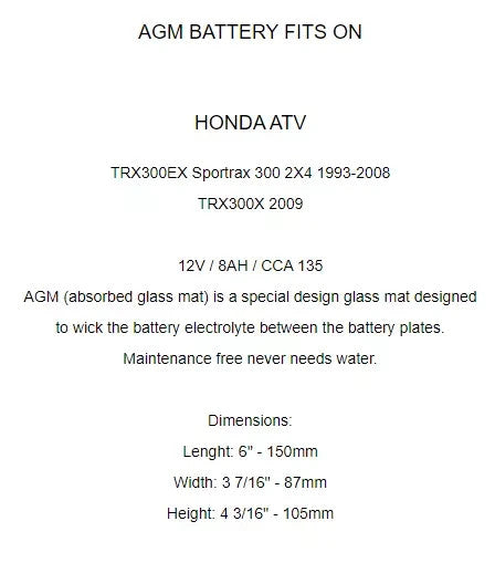 AGM Battery for Honda TRX300EX TRX300X Sportrax 300 2X4 1993-2008 2009