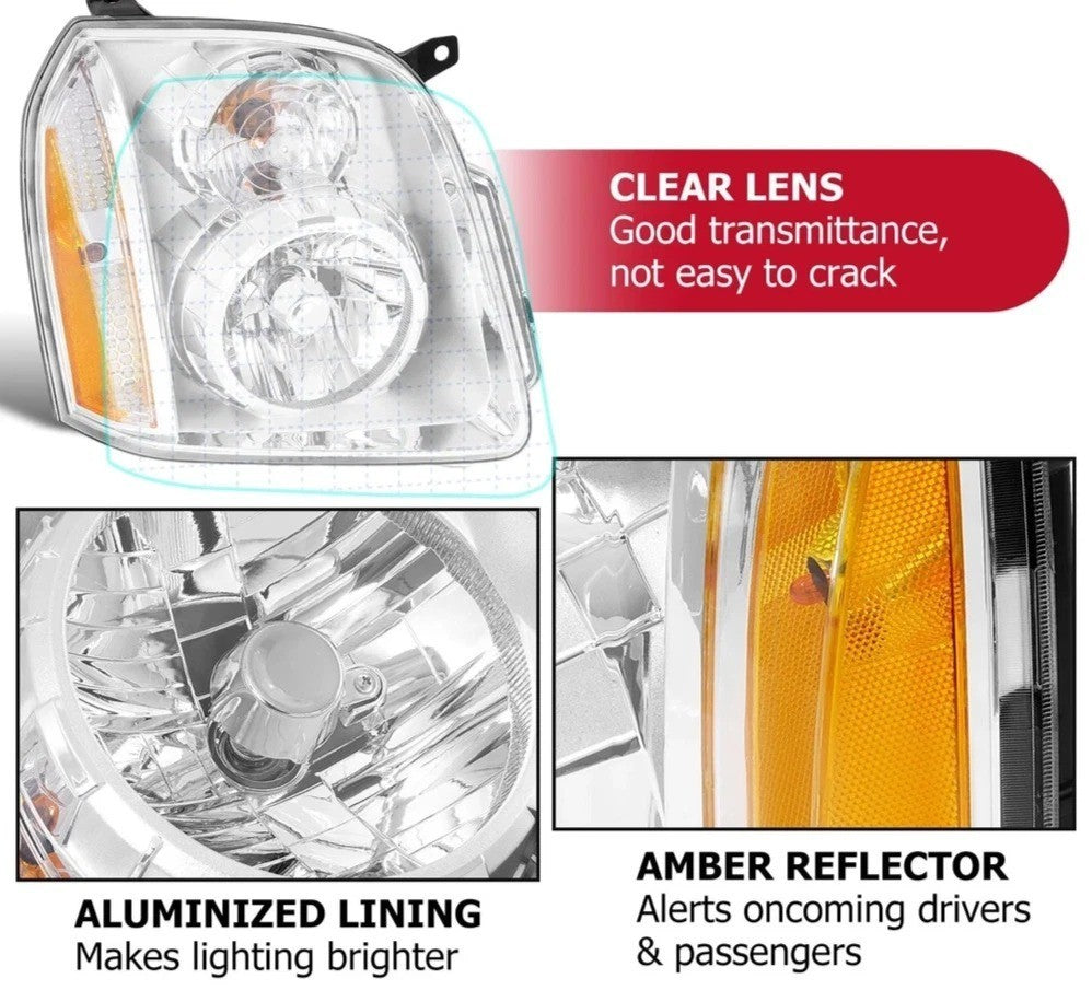 For 2007-2014 GMC Yukon XL 1500 2500 Denali Chrome Headlights Assembly LH+RH