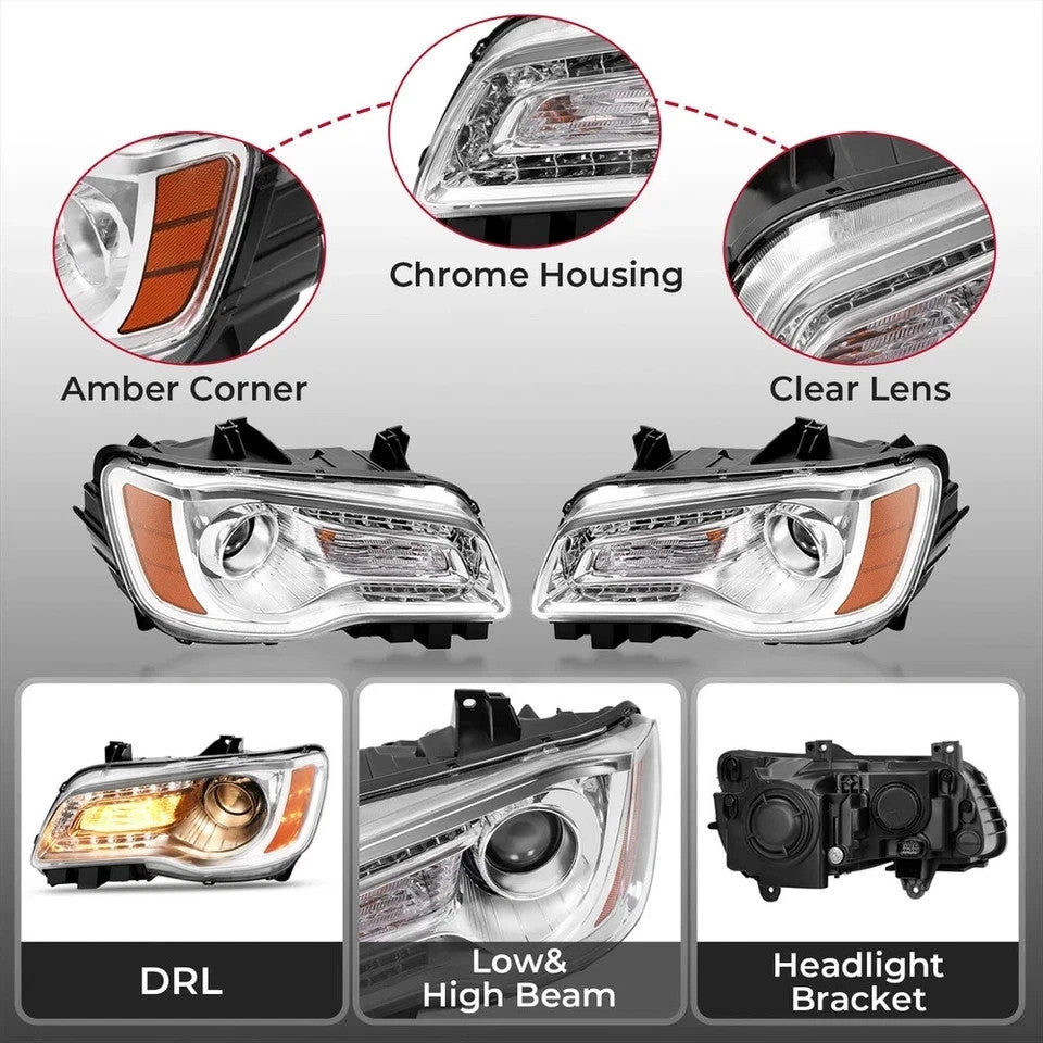 HECASA For Chrysler 300 2011-2023 Chrome LED DRL Projector Headlights Headlamps