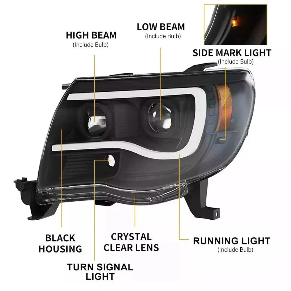 For 2005-2011 Toyota Tacoma LED Tube Black Projector Headlights Right & Left DOT