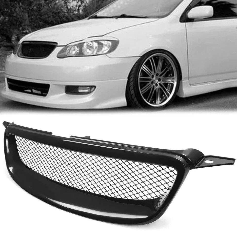 HECASA For 2003-07 Toyota Corolla Mesh ABS Front Grille Glossy Black Metal Hood
