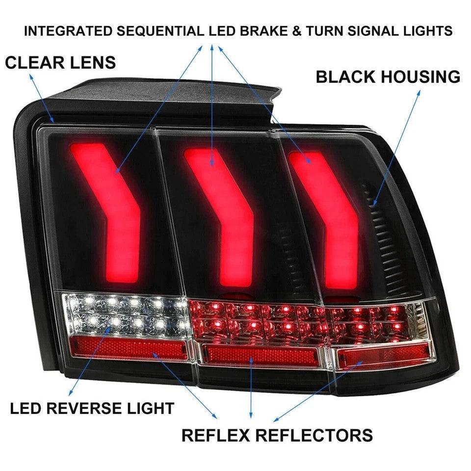 HECASA For 99-04 Ford Mustang LED Tail Lights Sequential Signal Brake Lamp Black
