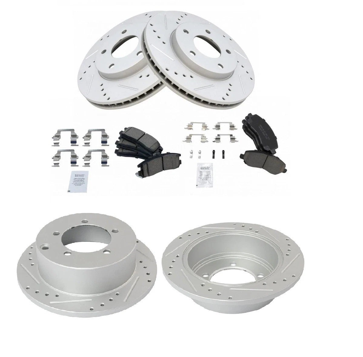 Ceramic Brake Pad & Drilled Slotted Zinc Coated Rotor Front & Rear Kit