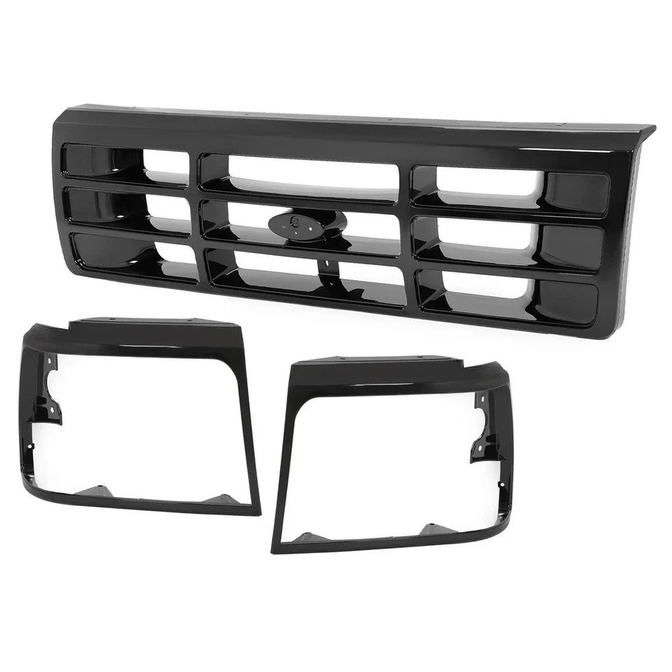 For 1992-1997 96 Ford F150 F250 Bronco Grille Headlight Door Black Grilles