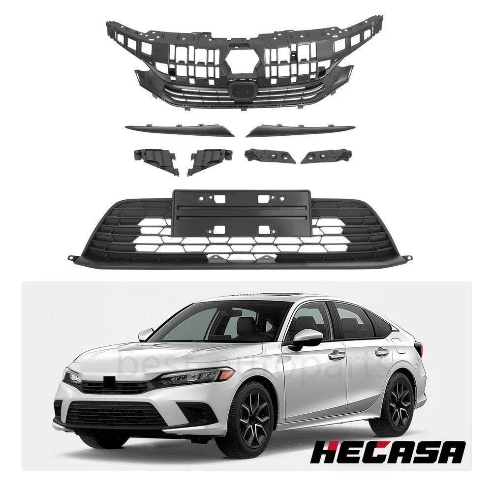Front Bumper Upper & Lower Grill W/ Headlight Eyelid For Honda Civic 2022-2023