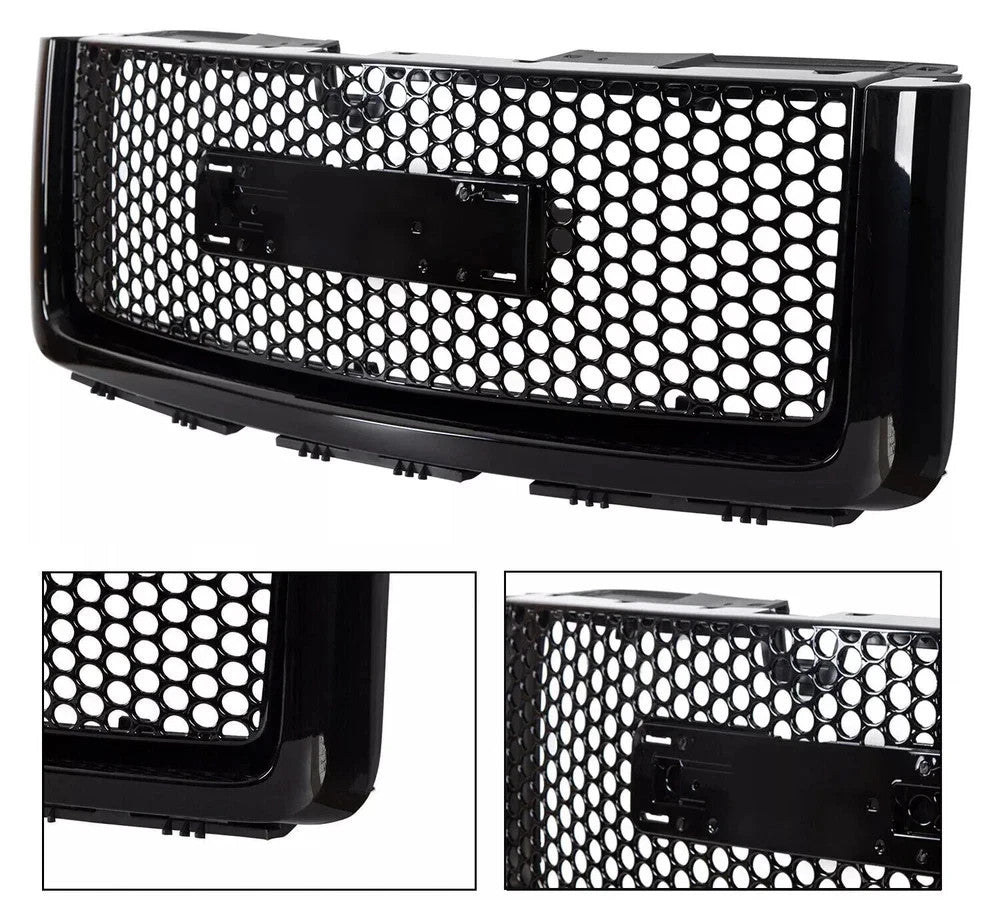 For 07-13 GMC Sierra 1500 New Body Front Upper & Lower Hood Grille Gloss Black