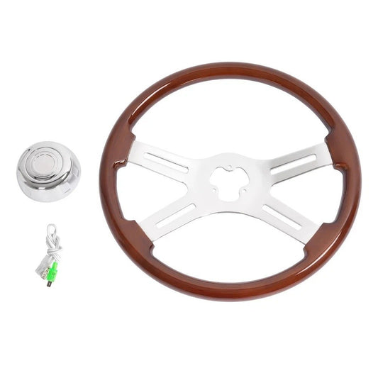 18" Wood Steering Wheel Chrome 4 Spoke For Freightliner Kenworth/Peterbilt 1986+