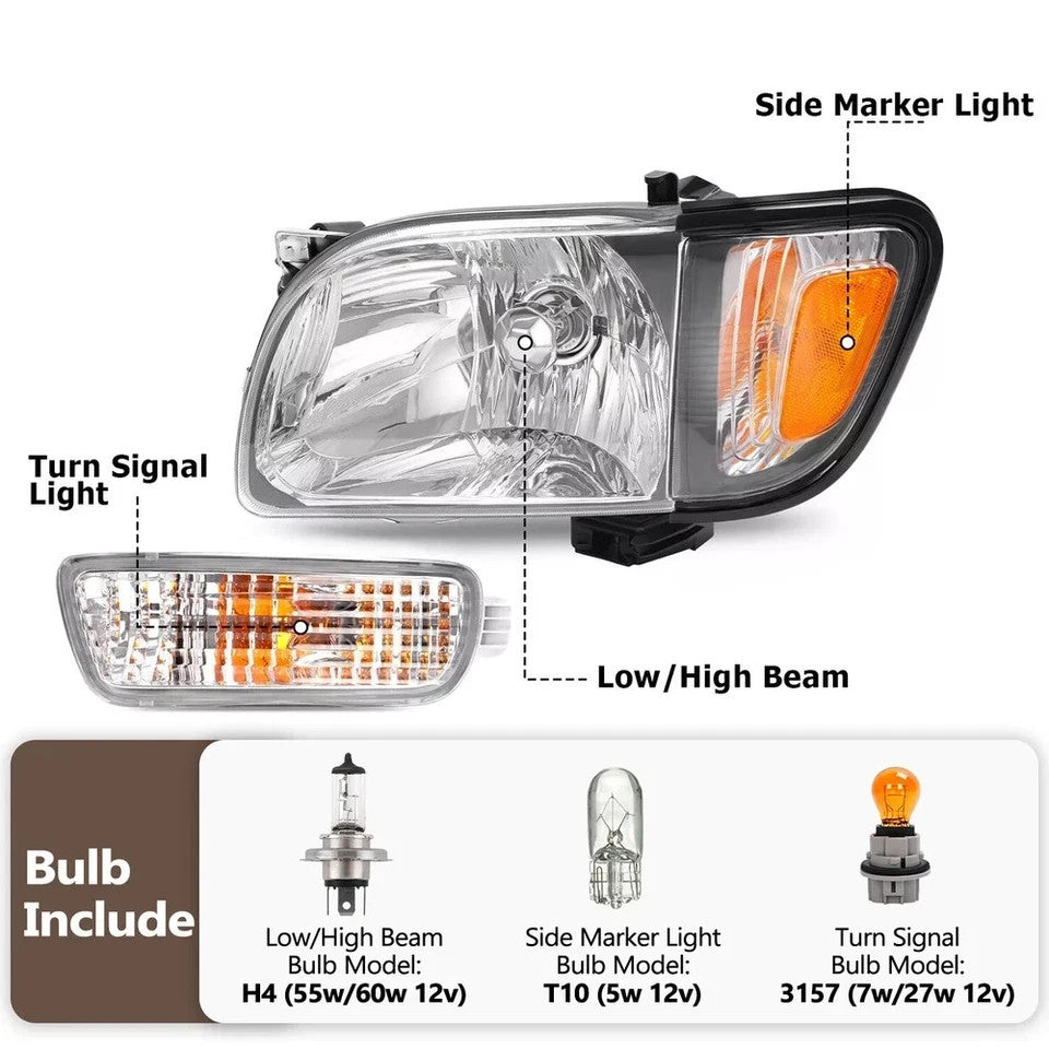 Headlights+Corner Signal Lights+Bumper Lamp w/ Bulbs For 2001-2004 Toyota Tacoma