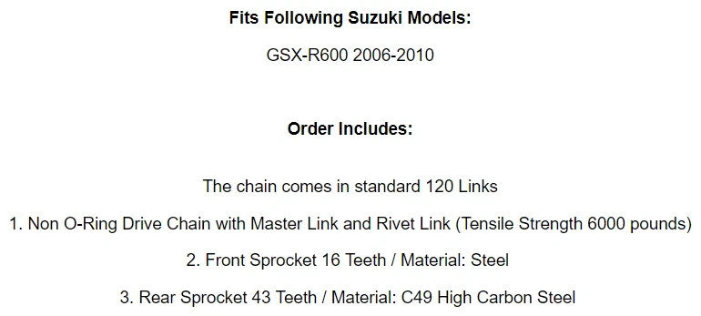 Black Drive Chain And Sprocket Kit for Suzuki GSX-R600 2006-2010
