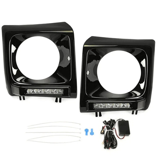 Black Headlight Bezel For 90-18 Mercedes Wagon G500 W463 G63 9040/040 w/ LED DRL