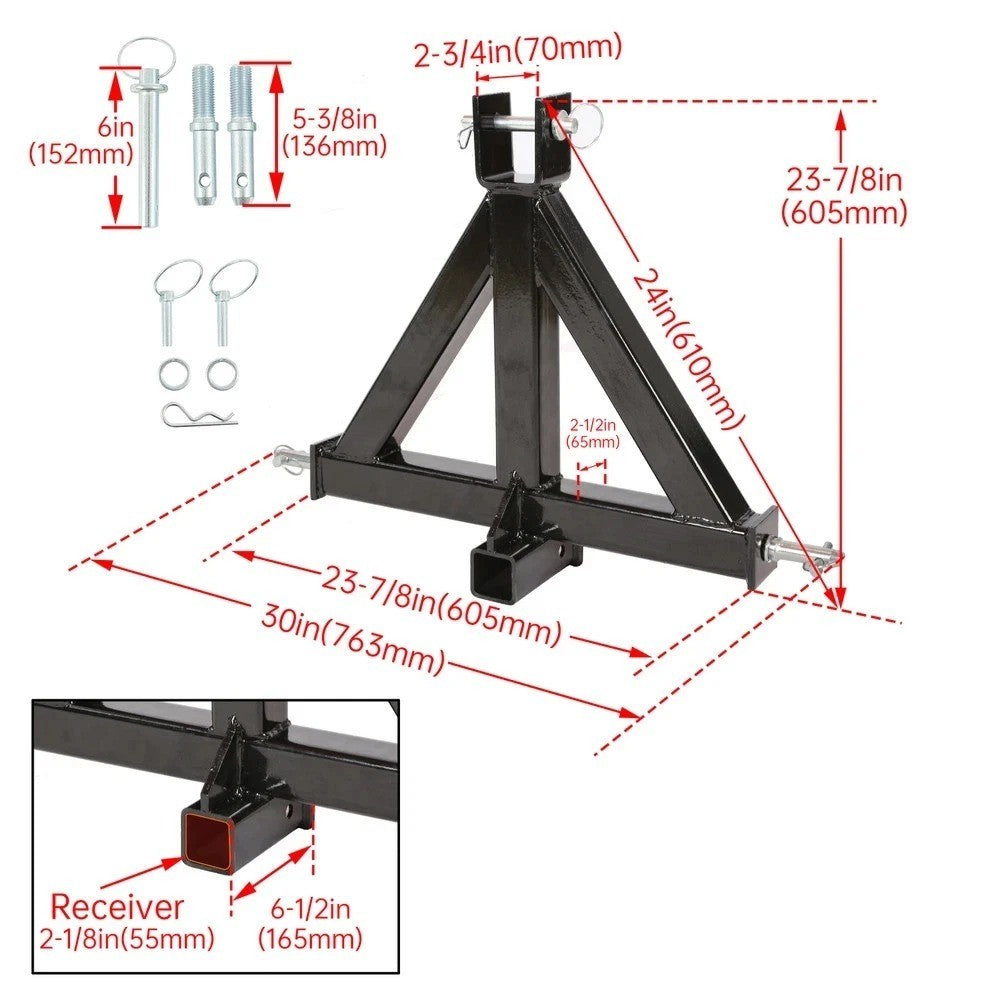 3 Point 2" Receiver Trailer Hitch Category 1 Tractor Tow Drawbar Heavy Duty
