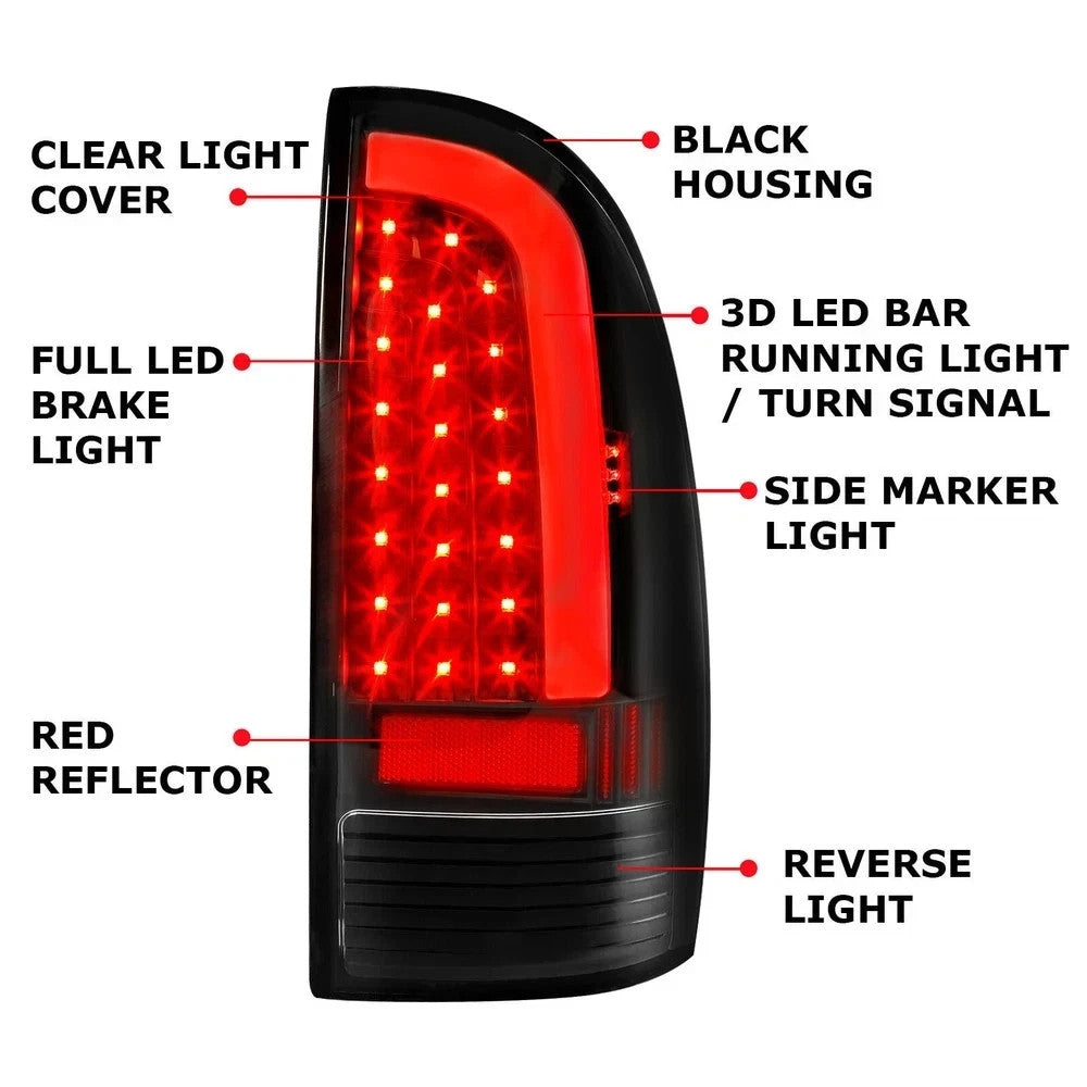 HECASA LED Tube Tail Lights Black Lamps Left+Right For Toyota Tacoma 2005-2015