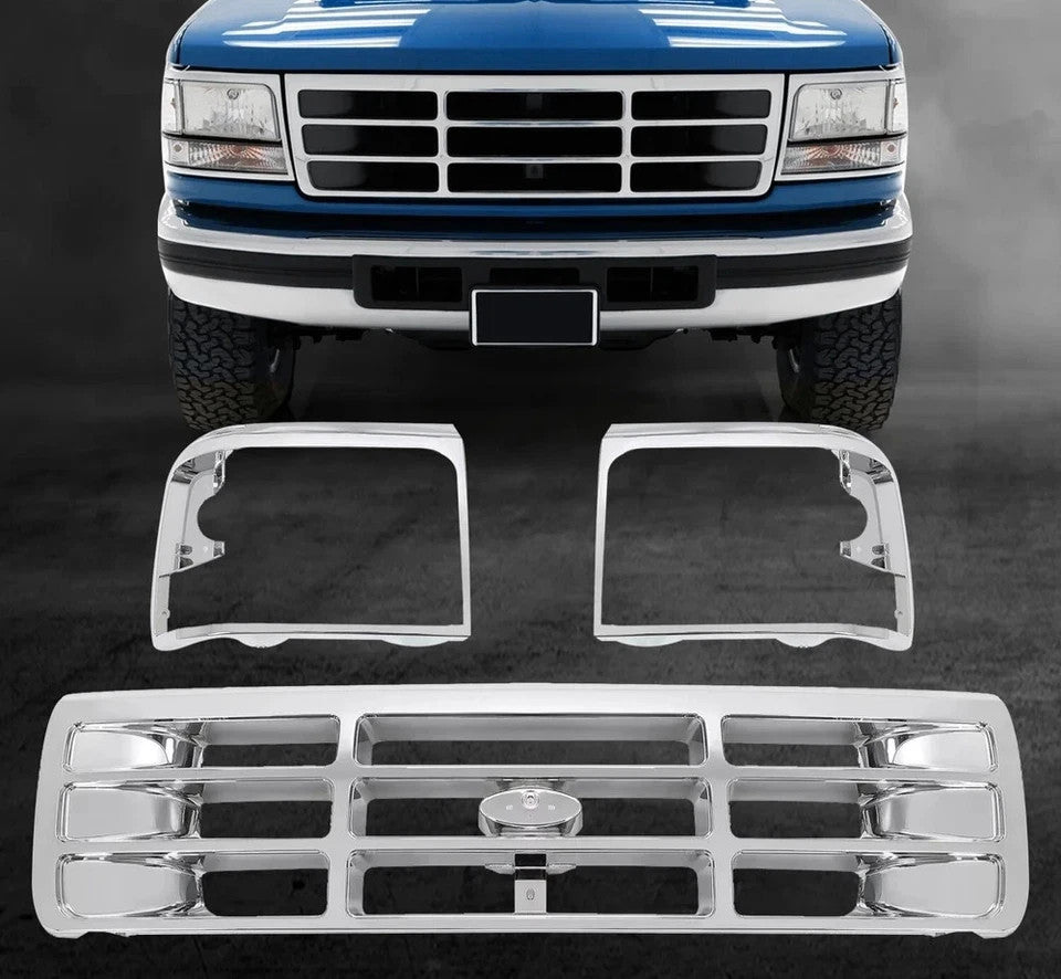HECASA For Ford F150 F250 F350 Bronco 1992-1997 Grille Headlight Door Kit Chrome