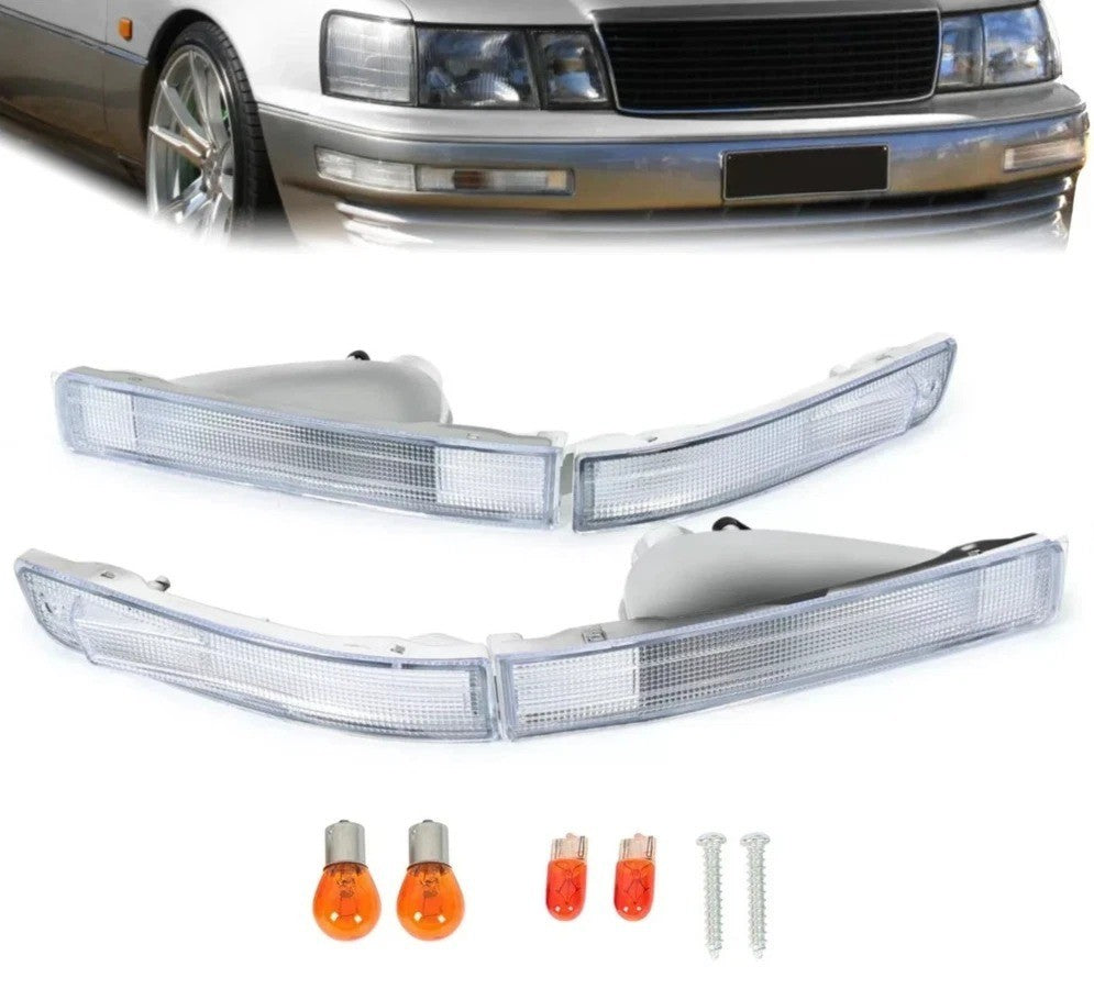 New Chrome Front Bumper Signal Lights LH & RH W/Bulbs For 1990-1994 Lexus LS400