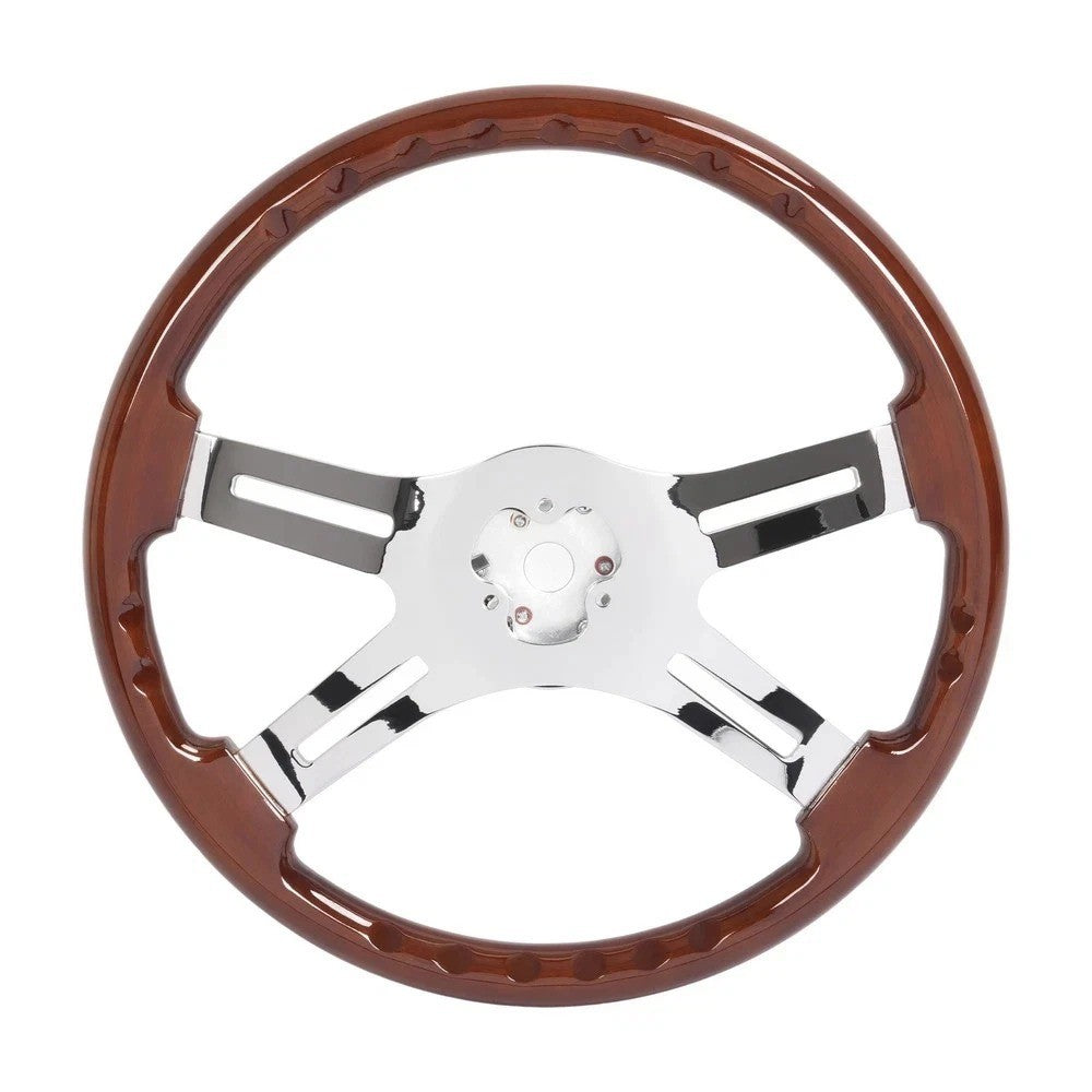 18" Wood Steering Wheel Chrome 4 Spoke For Freightliner Kenworth/Peterbilt 1986+