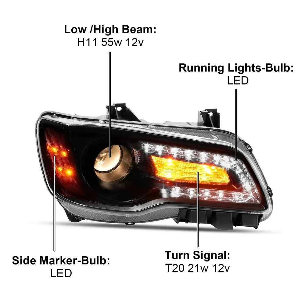 HECASA LED DRL Projector Headlight Lamp Right Side For Chrysler 300 2011-2023
