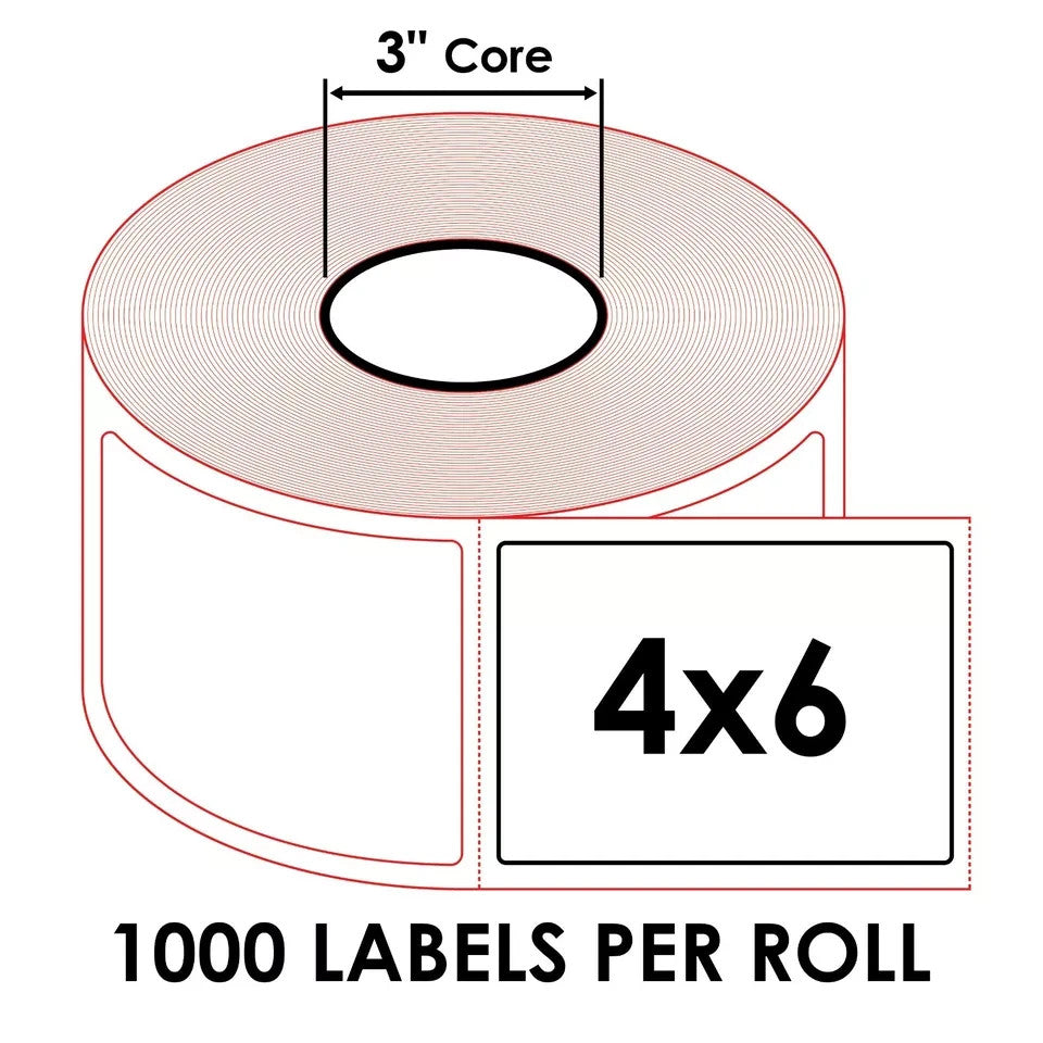 4x6 (4"x6") Shipping White Direct Thermal Labels - 3" Core - (8) Rolls of 1000