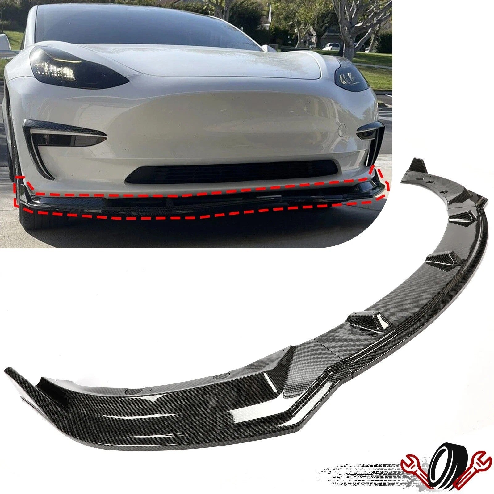 Front Bumper Body Lip Kit Splitter For 2017-2023 Tesla Model 3 Carbon Fiber