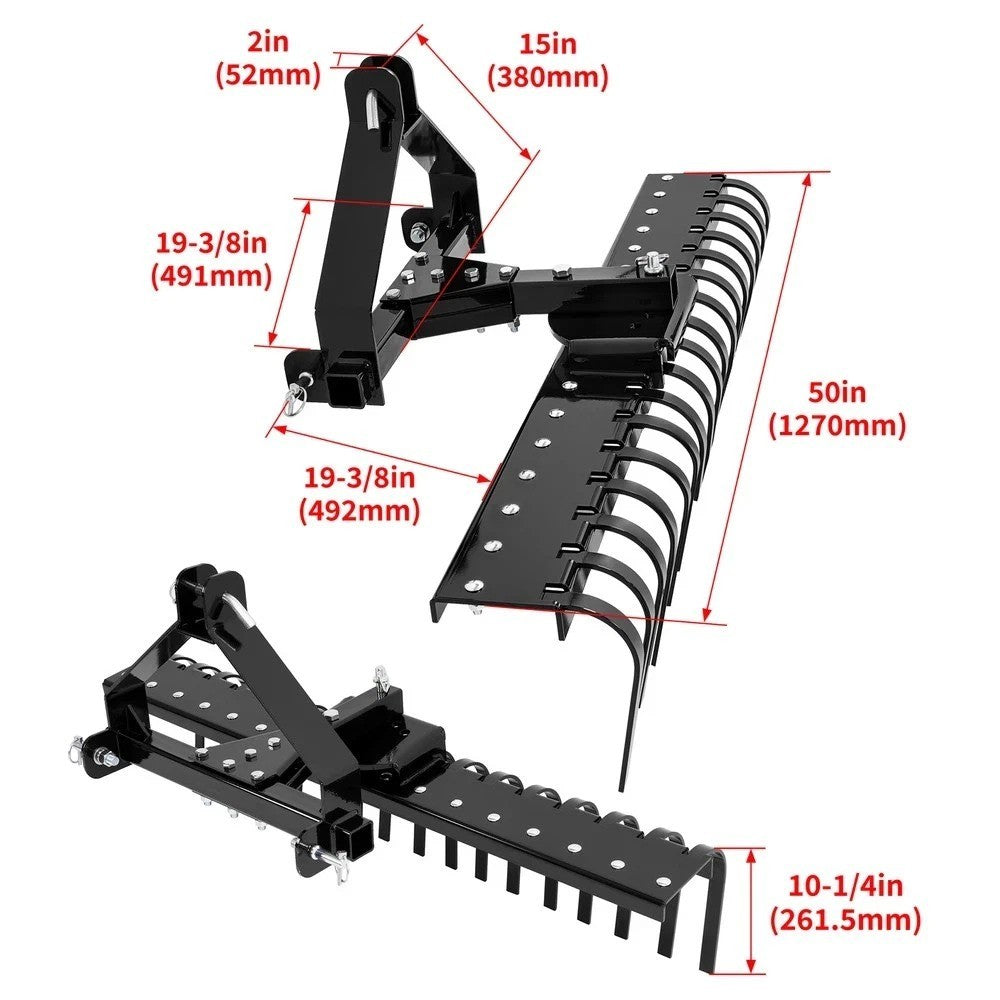 50-Inch Black Landscape Rake Comb For Class 0 Tractors With Three-Point Hitch