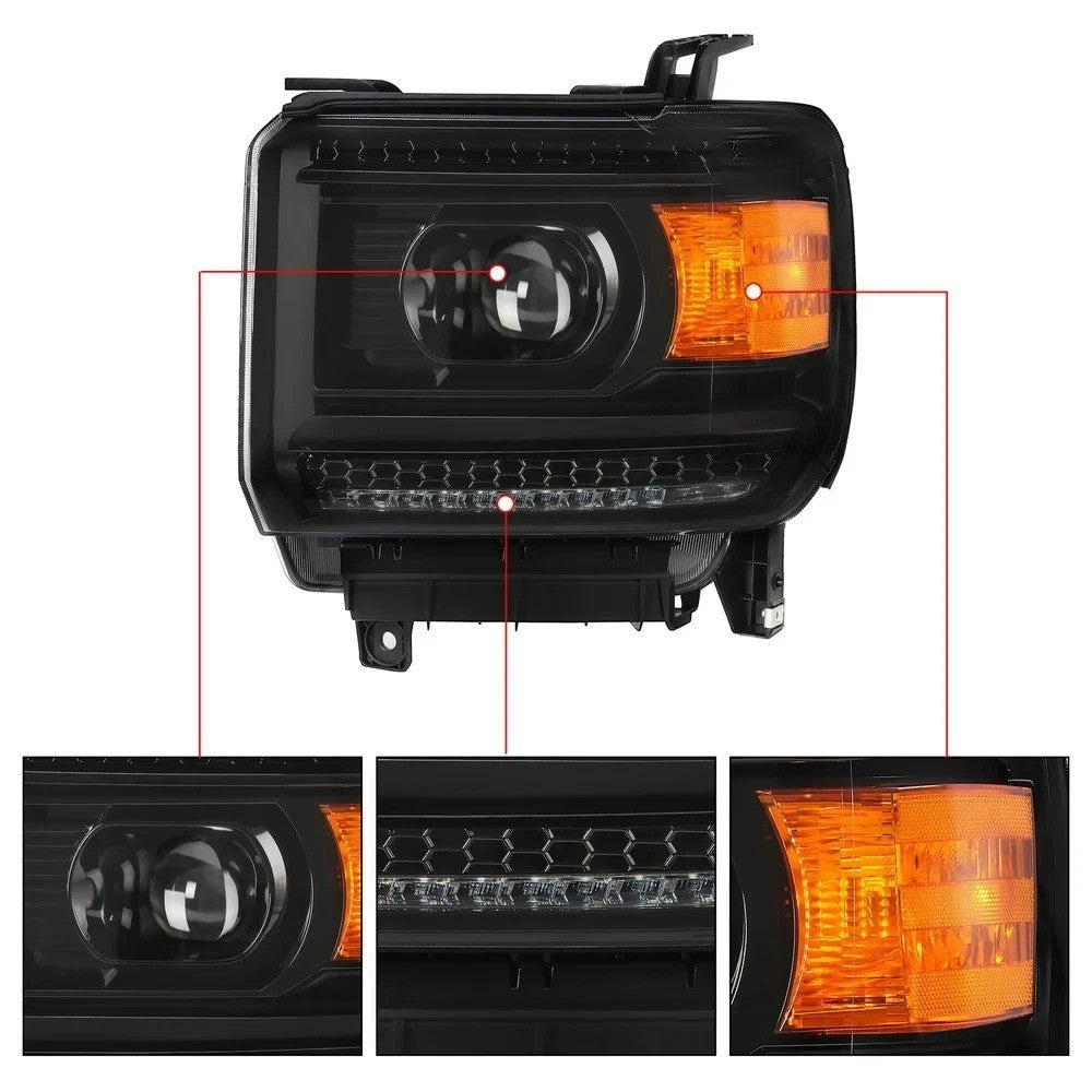 HECASA LED LH&RH Headlight Projector For 14-18 GMC Sierra 1500 15-19 2500 3500HD