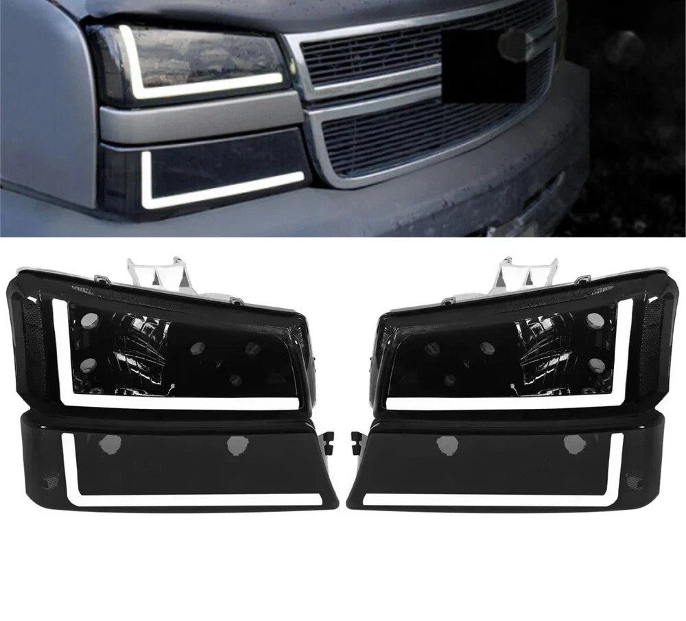 Smoke Headlights Bumper Lamps Fit For 03-07 Chevy Silverado Avalanche w/ LED DRL