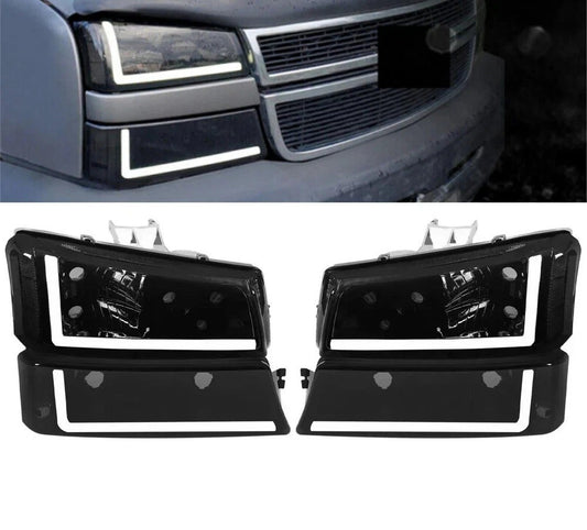 Smoke Headlights Bumper Lamps Fit For 03-07 Chevy Silverado Avalanche w/ LED DRL