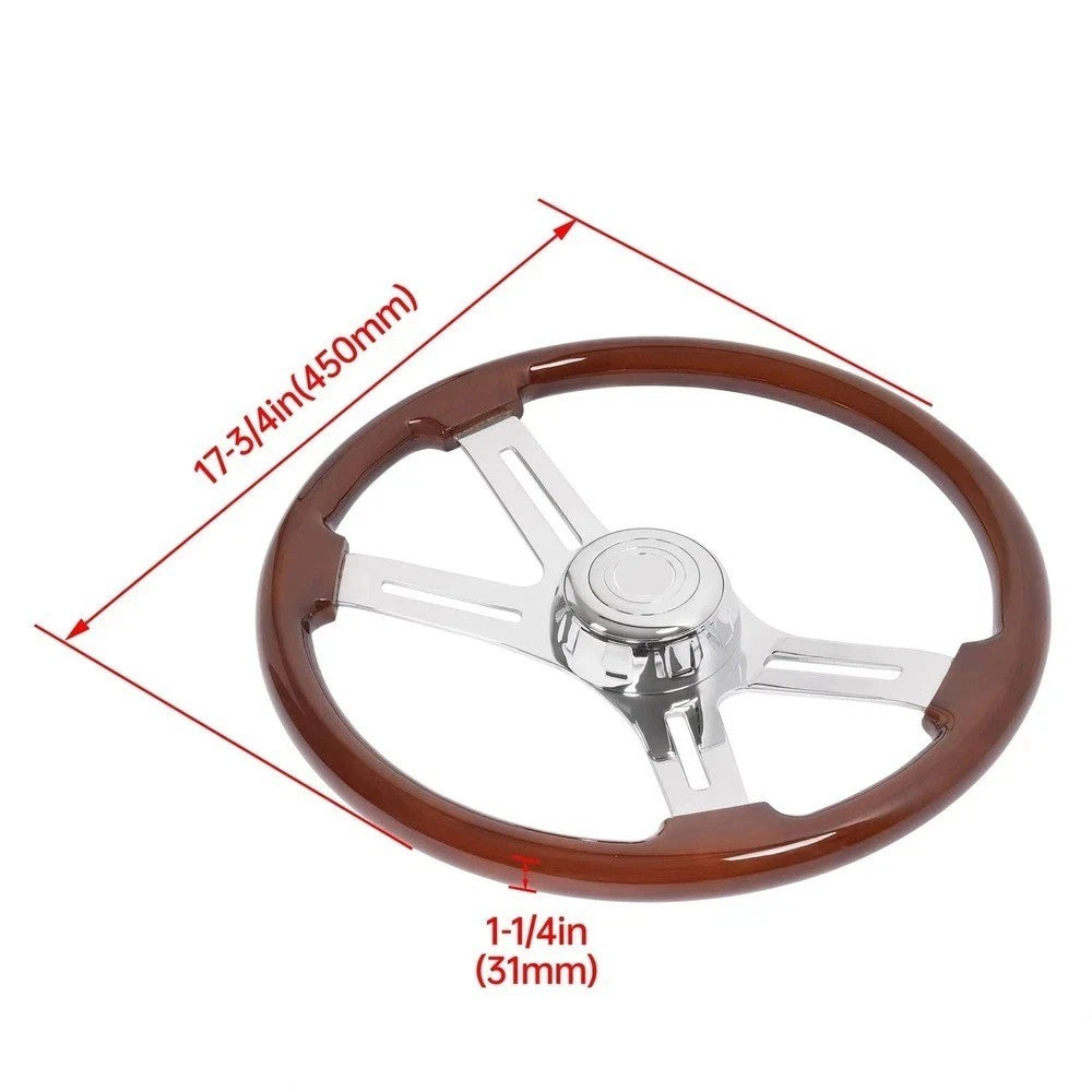 18" Wood Steering Wheel Chrome 4 Spoke For Freightliner Kenworth/Peterbilt 1986+