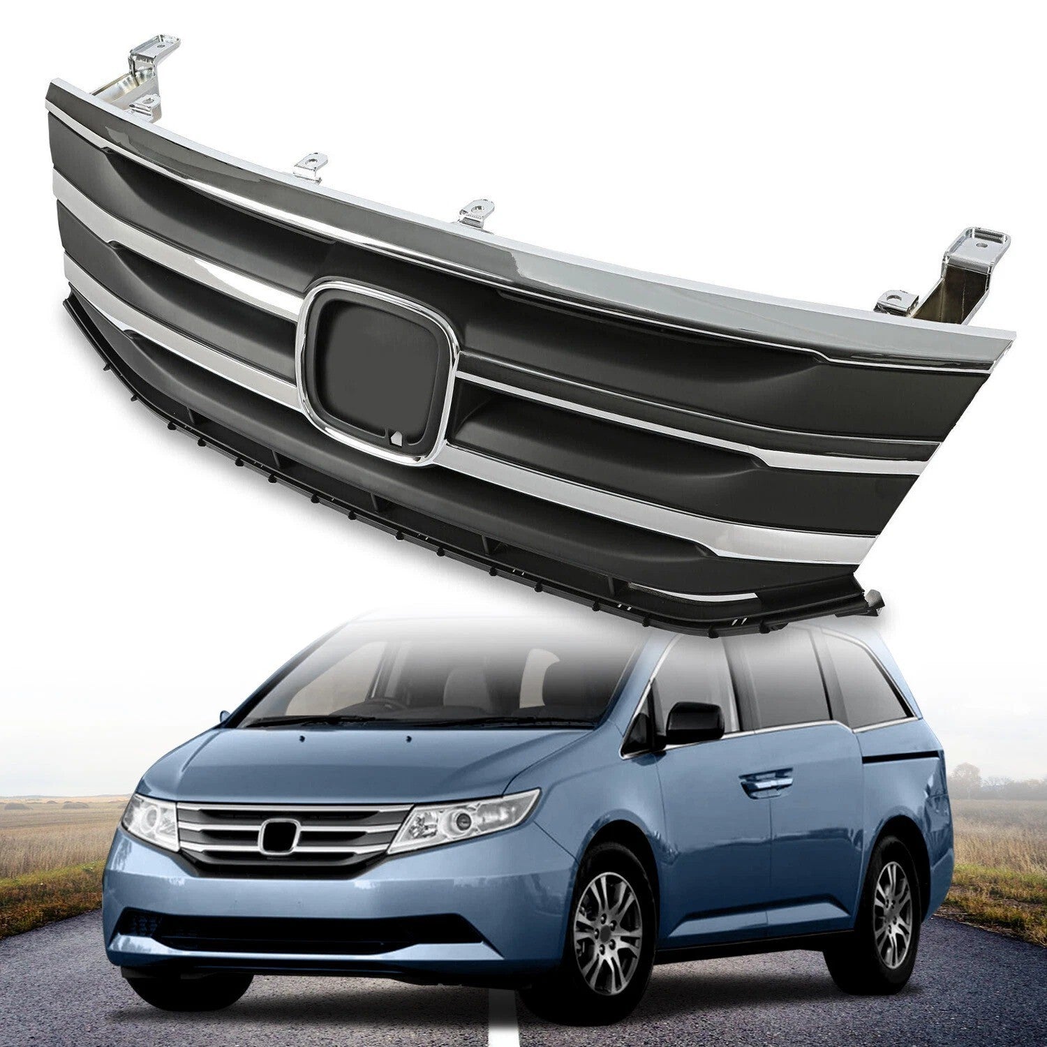All-in-one Front Black Grill w/ Chrome Molding Trim For Honda Odyssey 2011-2013