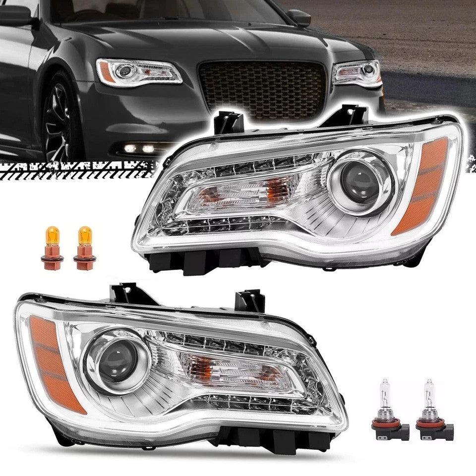 HECASA For Chrysler 300 2011-2023 Chrome LED DRL Projector Headlights Headlamps