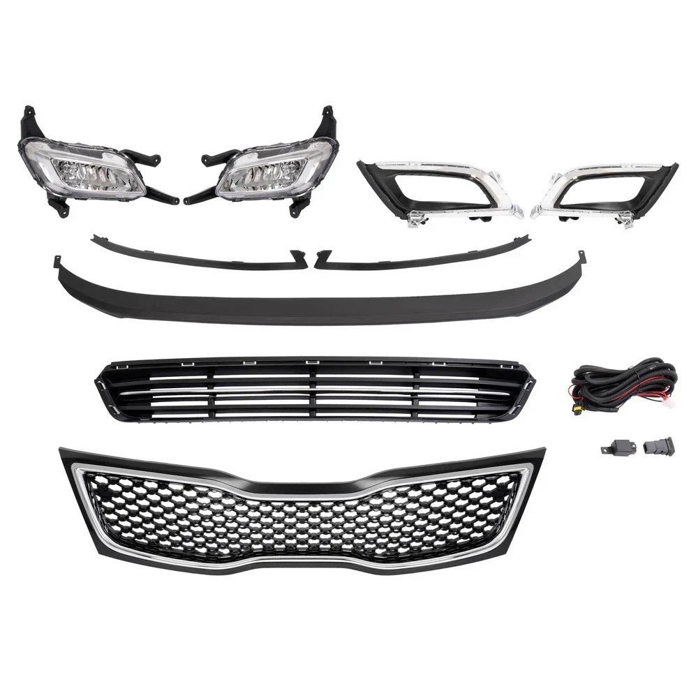 Fits Kia Optima 2014-2015 Front Bumper Upper Grille Chrome Trim w/Fog lights Set