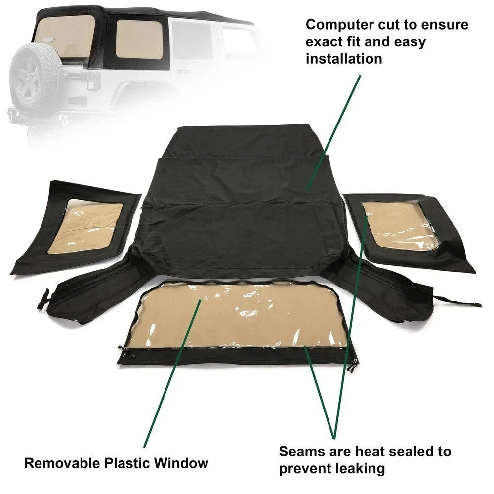 For 2010-2018 Jeep Wrangler 4DR JK Soft Top w/Tinted Windows, Black Twill