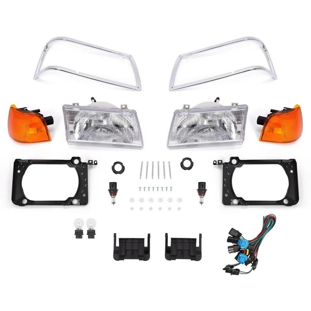Pair Headlight w/Adjusters + Corner Light & Bezel For Peterbilt 375 385 Halogen