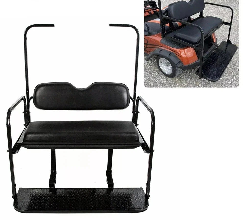 For EZGO TXT Model Golf Cart Rear Flip Seat Kit w/Roof Support Black Cushion Pad