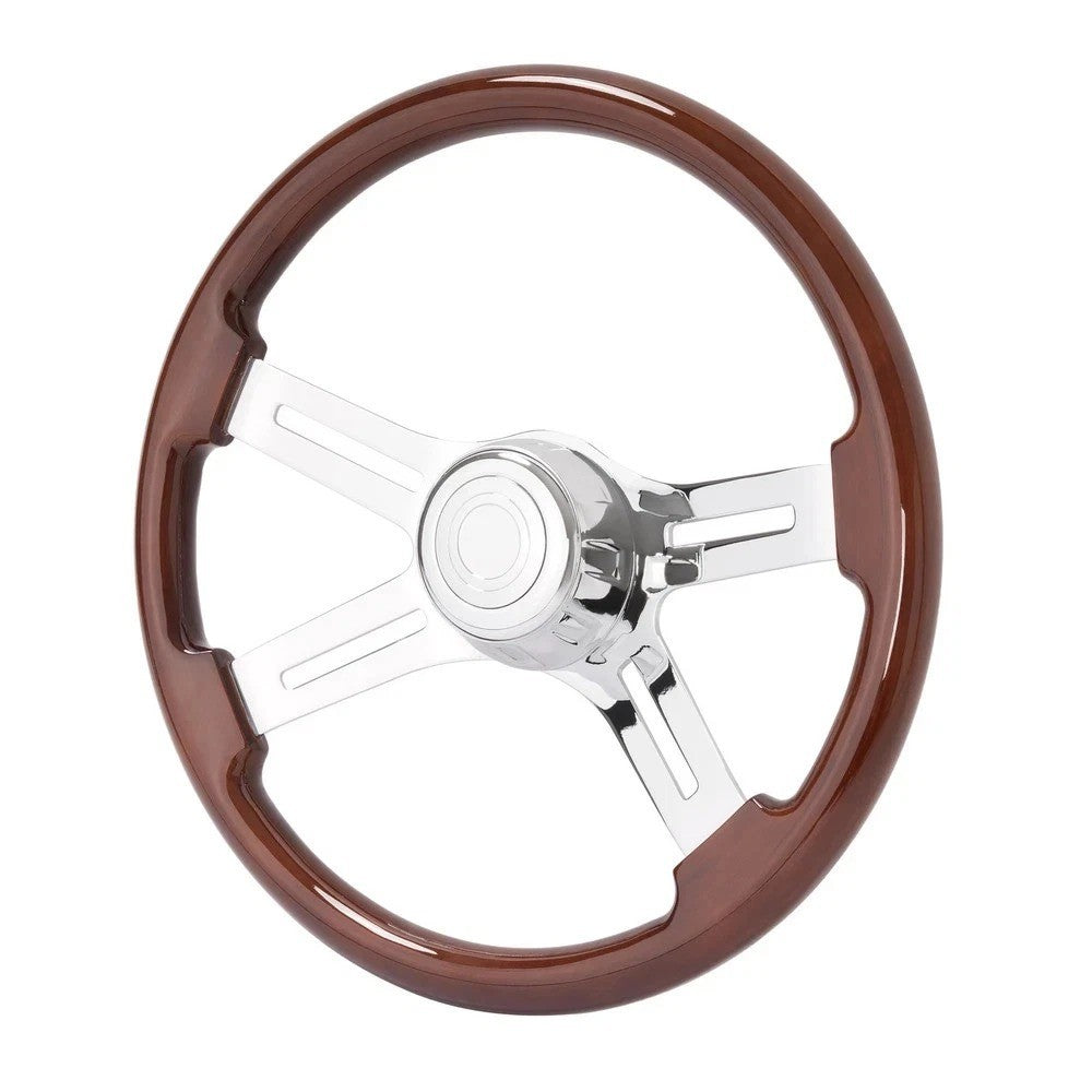 18" Wood Steering Wheel Chrome 4 Spoke For Freightliner Kenworth/Peterbilt 1986+