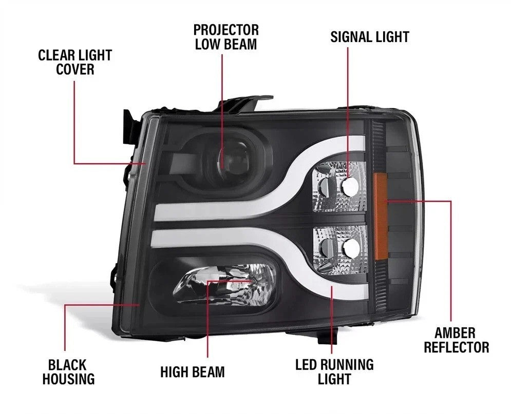 Projector Headlights LED DRL For Chevy Silverado 1500 2500HD 3500 HD 2007-2013
