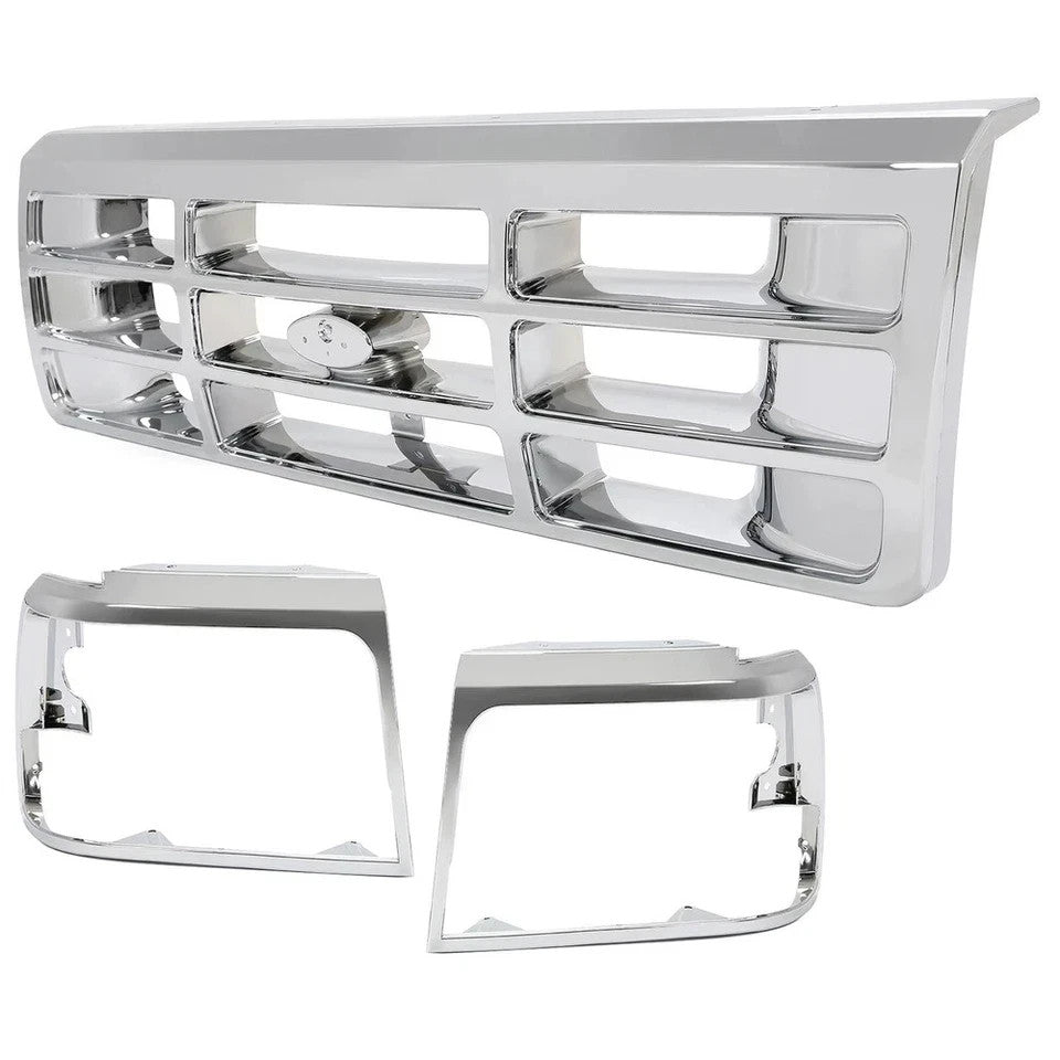 HECASA For Ford F150 F250 F350 Bronco 1992-1997 Grille Headlight Door Kit Chrome