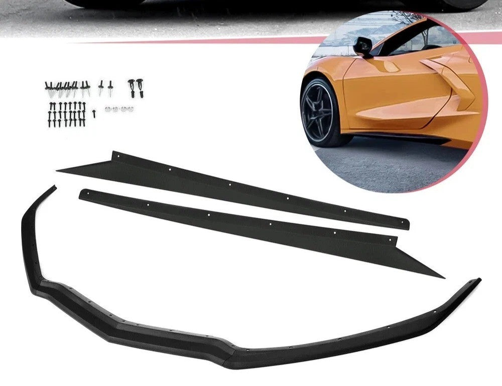 For 20-24 Corvette C8 Z51 5VM Style Front Bumper Lip + Side Skirt Rocker Panel